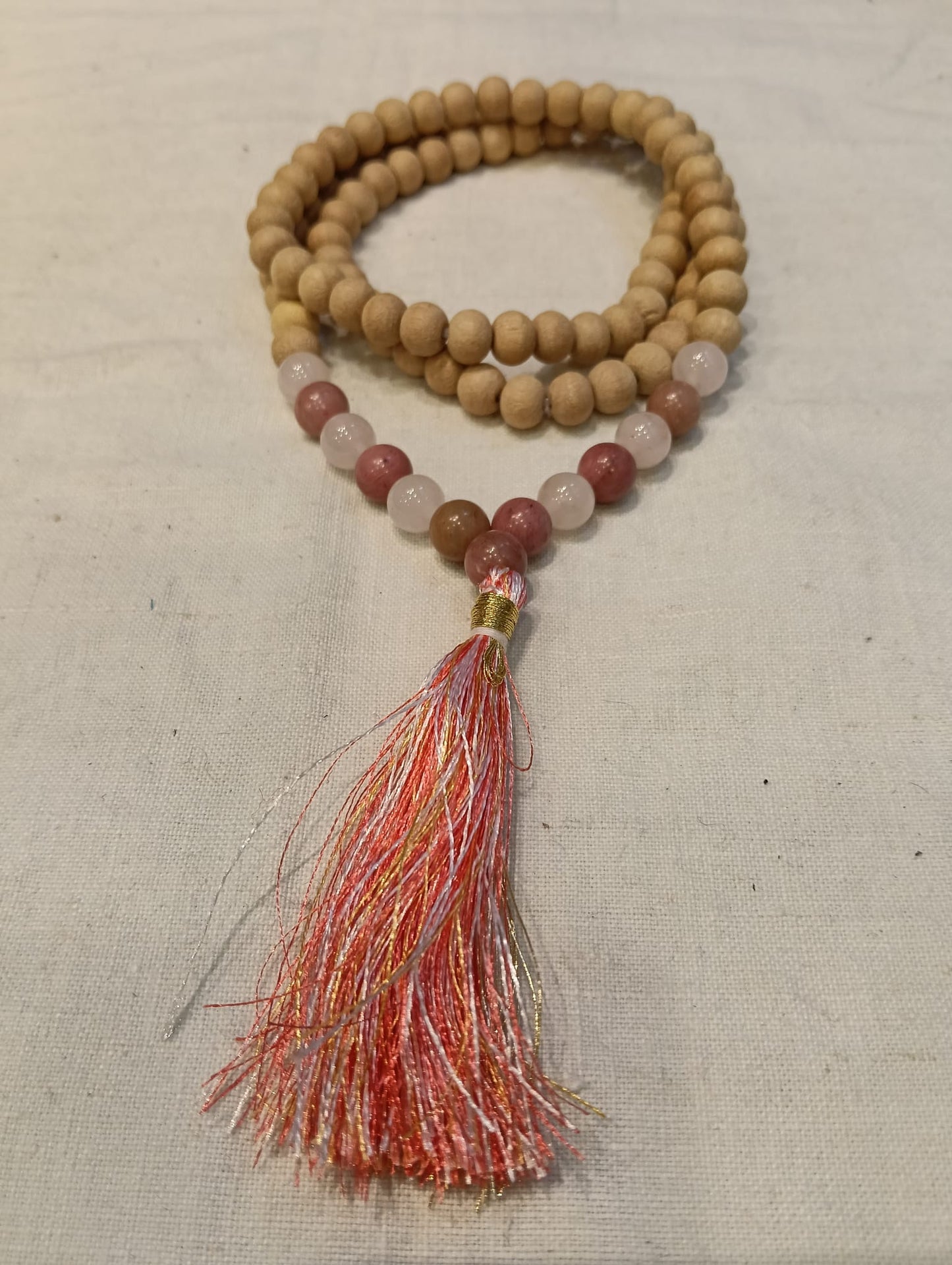 Mala 108 Grani in Legno di Tulsi e Pietre Tulite e Quarzo Rosa