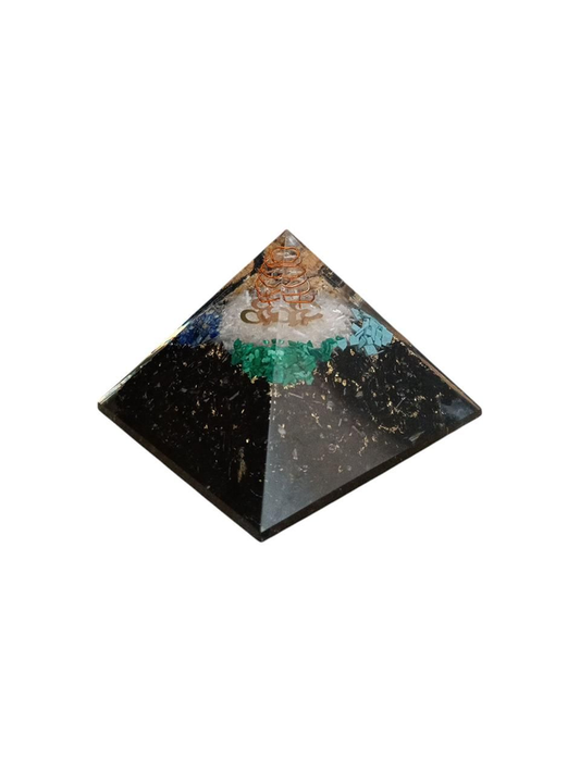 Piramide Orgonite Om - Tormalina nera, Lapislazzuli, Quarzo Citrino, Malachite, Turchese