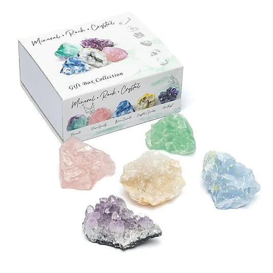 Scatola regalo Mix minerali Drusa Ametista, Geode di Cristallo, Quarzo rosa, Calcite blu e Fluorite