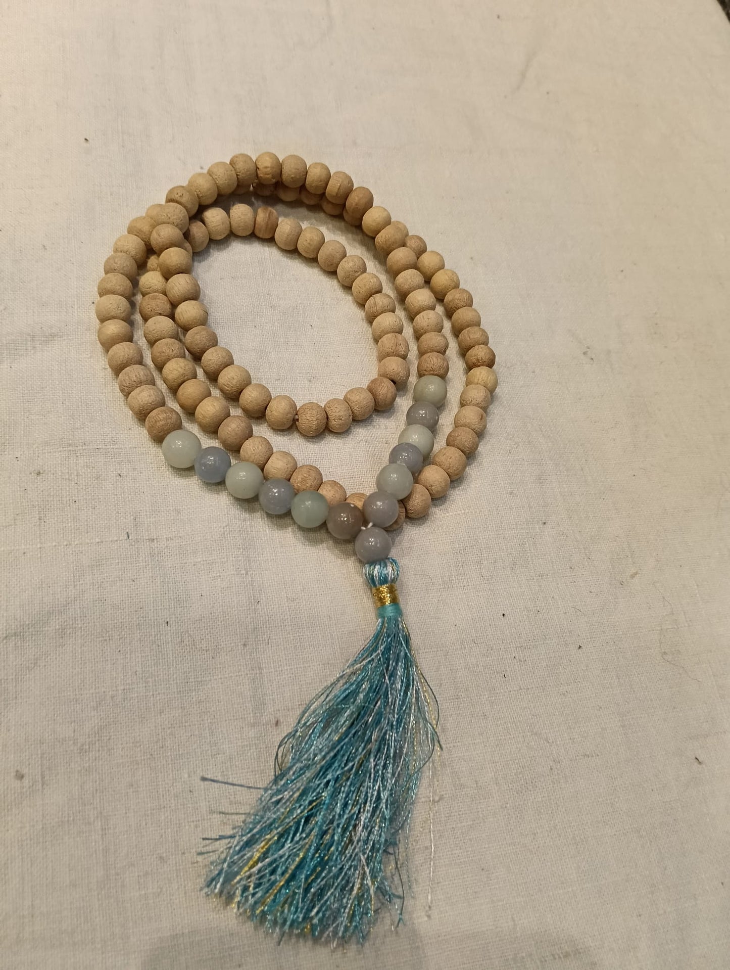 Mala 108 Grani in Legno di Tulsi e Pietre Angelite e Amazzonite